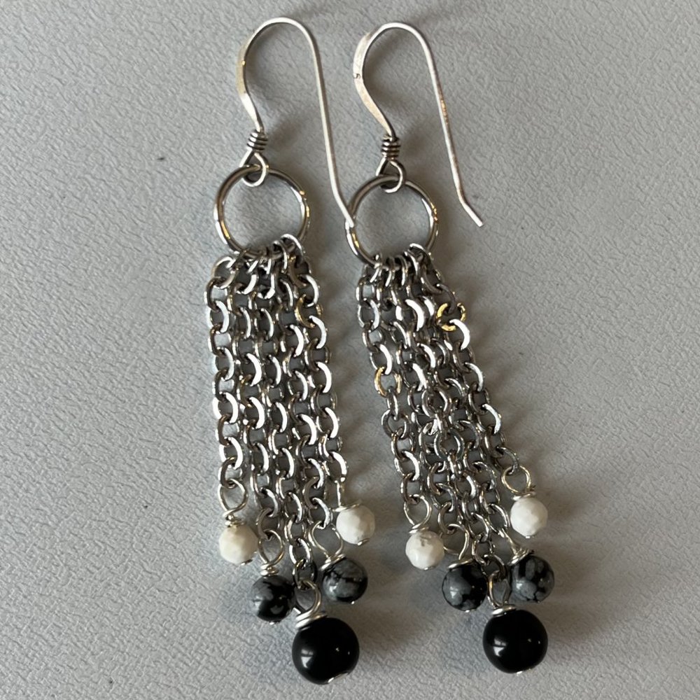 Obsidian and Howlite with Silver Chain Genuine Gemstone Earrings, Handmade - Picture 5 of 5